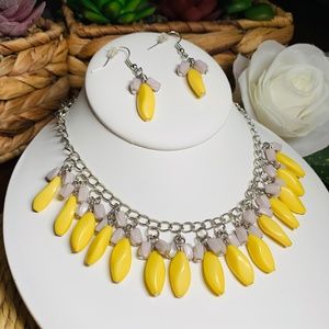 Bead Binge, Yellow and Gray Beaded Necklace and Earrings Set